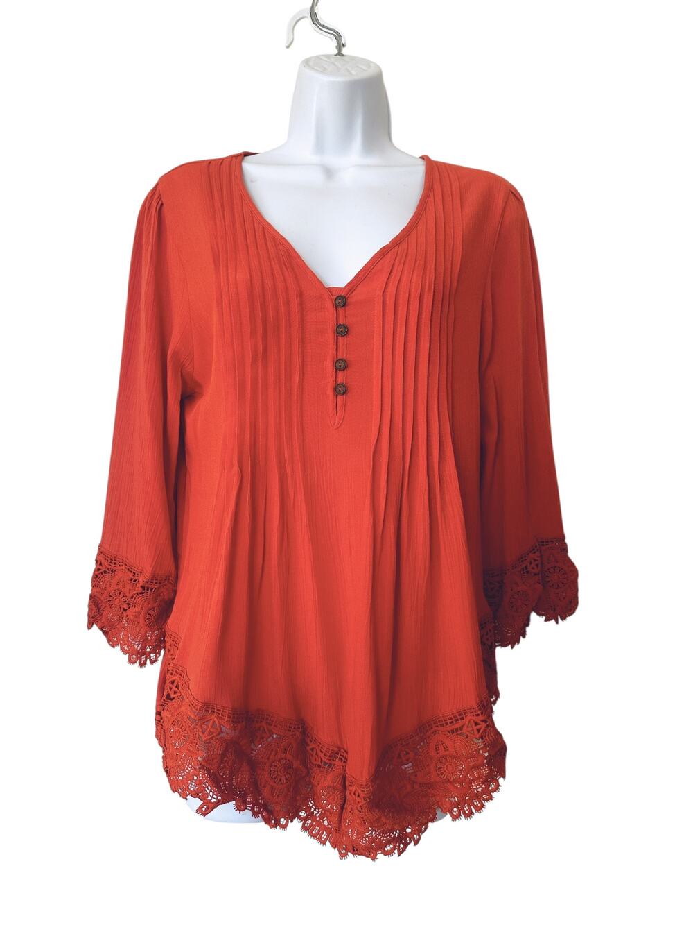 NWOT Venus Long Sleeve Peasant Top Crochet Lace Trim Orange Size Medium
